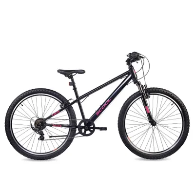 A black and pink children's bicycle is shown against a white background.