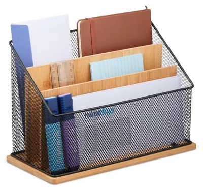 Produktbild von Briefablage Dokumentenablage Schreibtischorganizer - 3 Fächer - 20 x 29 x 14 cm - Bambus und Metall - Schwarz Mesh-Design