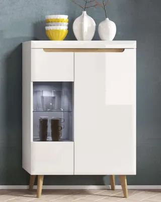 Produktbild von Bettso Vitrinenschrank Vitrine Glas Kommode mit 2 Türen für Wohnzimmer Optionale LED-Beleuchtung NODIS Weißer Glanz mit Braun Eiche