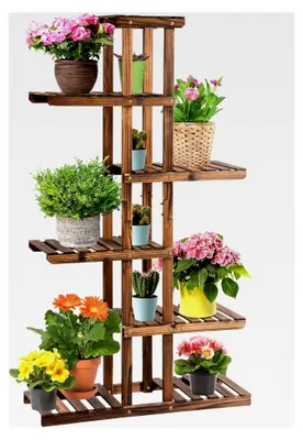 Produktbild von Blumenregal aus Massivholz mit 6 Ebenen, stehendes Pflanzenregal für Garten, Balkon und Terrasse 75x25x140 cm