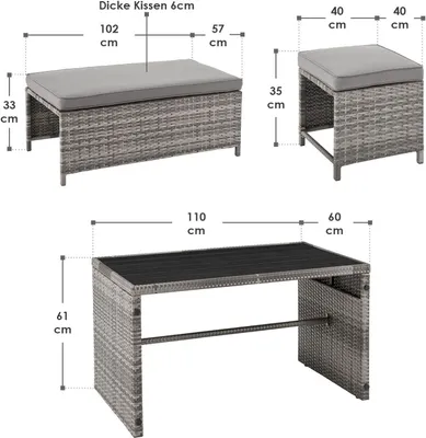 Produktbild von Juskys 2in1 Polyrattan Relax Gartenmöbel Set Jamaika - Tisch, Gartenlounge Sofa - Balkonmöbel Sitzgruppe für Balkon, Garten - Outdoor Lounge grau-meliert