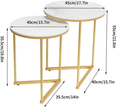 Image de Tables rondes basses / tables d'appoint - Lot de 2 tables gigognes pour salon - Plateau en pierre synthétique - Structure en métal (fer) - Dimensions : 45x55 cm et 40x50,5 cm - Couleur : or et blanc