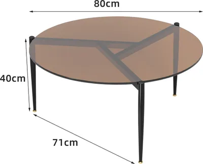 A round coffee table with a glass top and black metal legs, shown with dimensions indicated.