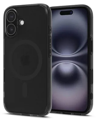 A black Spigen Ultra Hybrid T Mag MagSafe case for an Apple iPhone 16 is shown in a studio shot.