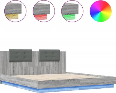 Imagen del producto de Estructura de cama con cabecero y luces LED, color gris Sonoma, 160x200 cm