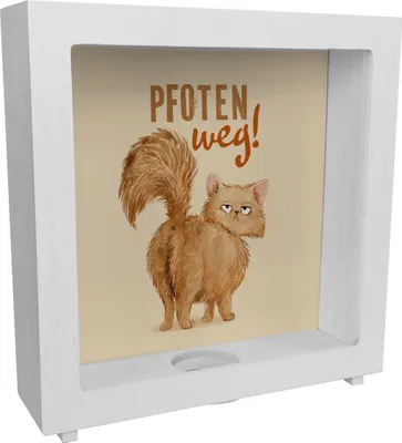 Produktbild von Katze Rahmen Spardose aus Holz mit Spruch Pfoten weg