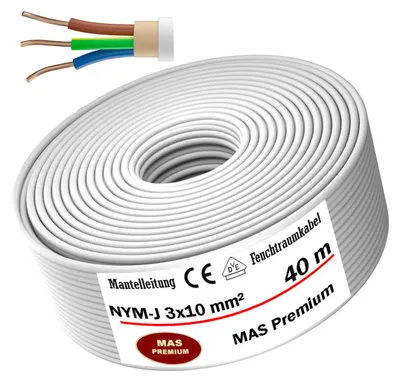 Image de 40m de câble électrique pour locaux humides Câble sous gaine NYM-J 3x10 mm² Câble électrique