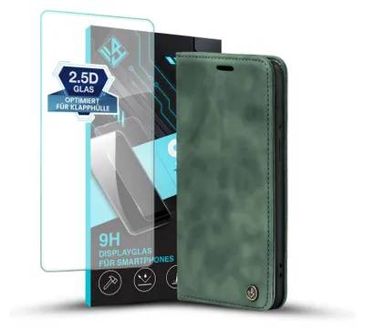 A green flip phone case and a screen protector are displayed against a white background.