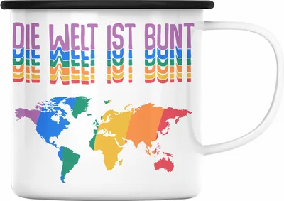 Produktbild von Trendation - LGBT Emaille Tasse Geschenk für Schwule Lesben Transgender Regenbogen Lustige Grafik Regenbogen Die Welt Ist Bunt (Schwarz)