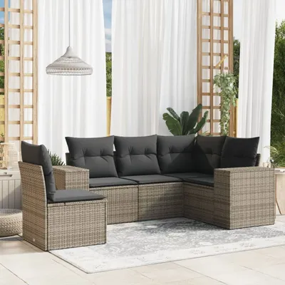 Produktbild von Design 5-tlg. Garten-Sofagarnitur mit Kissen Grau Poly Rattan, Gartenmöbel-Sets 2024 Neu