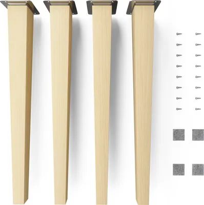 Four wooden furniture legs with metal mounting plates and screws are displayed on a white background.