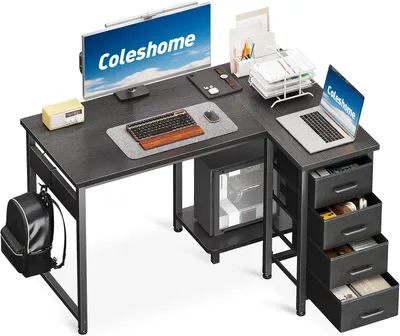 Productafbeelding van Bureau, L-vormig hoekbureau met 4 lades, 100 x 70 cm, zwart | Omkeerbaar computerbureau, geschikt voor kantoor en slaapkamer, omkeerbaar