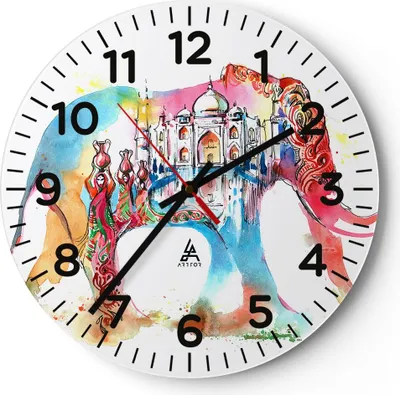 Produktbild von Wanduhr - Rund - Glasuhr - Elefant Indien ethnisch Kultur - 40x40cm - Schleichendes Uhrwerk - Lautlos - zum Aufhängen bereit - Dekoration Modern - Wanddekoration aus Glas - C4AR40x40-3037
