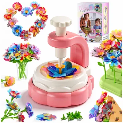 Imagen del producto de ABC BetterToys®: Set de manualidades para crear flores con máquina, 160 piezas, 90 pétalos, jarra y papel. Juguete creativo, regalo ideal para niñas