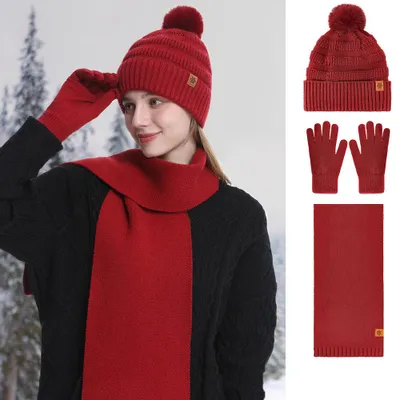 Produktbild von 3 teiliges Set Wintermütze Schal Handschuhe für Damen | Warme Winter Mütze Schal Winterhandschuhe Beanie gefüttert Rot