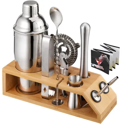 Produktbild von Cocktail Set, 11-teiliges Profi Bar Set, Ständer, Shaker, Barmaß, Ausgießer, Eiszange, Edelstahl, silber/natur, 25.5 x 27.5 x 10.5 cm