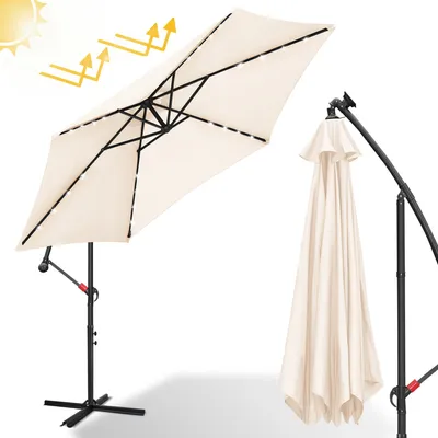 Image de Parasol Clanmacy avec éclairage LED Ø350cm Parasol à pied déporté Parasol de jardin pivotant à 360° Pavillon Beige