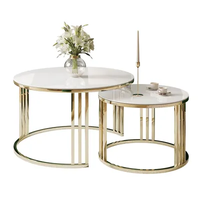 Produktbild von LORI GLASS 2in1 runder Couchtisch Gold chrom / Weißes Glass