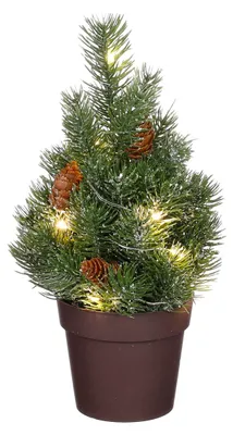 Produktbild von Weihnachtsbaum mit LED im Topf mit Zapfen und Schnee grün 15x30cm