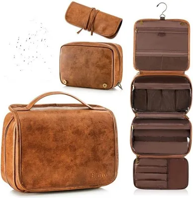 Immagine prodotto di INF Borsa da Toilette da Viaggio 3-in-1 - Organizer Portatile in Finto cuoio con Gancio Marrone
