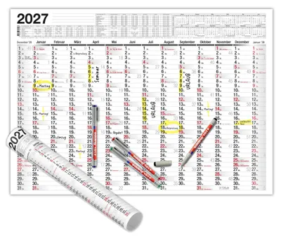 Produktbild von DIN A2 Wandkalender 2027 Abwischbar Gerollt mit 4 Eddings – 14 Monate Querformat Feucht Abwischbar
