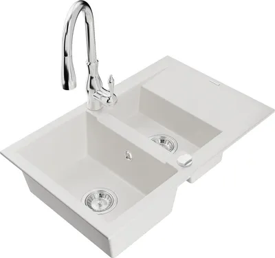 Produktbild von Mexen Gaspar 1,5-Becken-Granitspüle mit Abtropffläche und Mischbatterie Savita, Weiß - 6507-20-672601-00