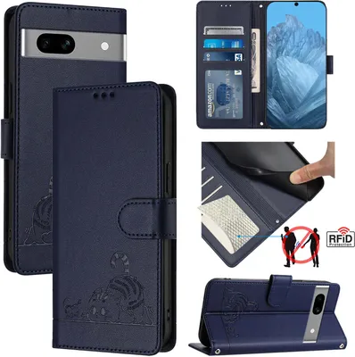 Produktbild von Leder Hülle für Google Pixel 7A Süße Katze Flip Case Brieftasche Schutzhülle mit Standfunktion Blau
