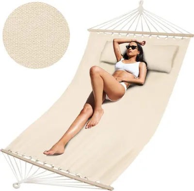 Immagine prodotto di Amaca da giardino boho per due persone, grande, robusta, con barra di sostegno beige, 310 x 150