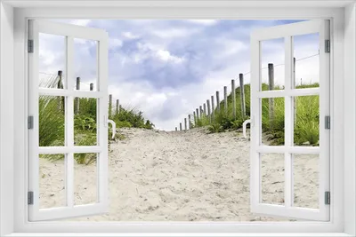 Produktbild von Wallario Wandbild aus Acryl, 60 x 90 cm, freischwebende Optik - Auf dem Weg zum Strand durch Dünen mit Fenster-Illusion