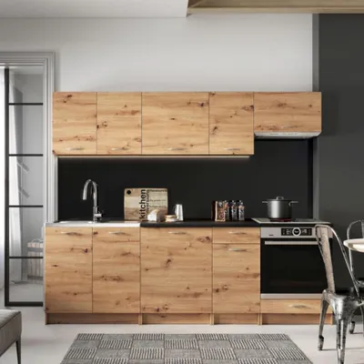 Obrázek produktu pro Kuchyňská linka 240 cm - s černou pracovní deskou - Dub Artisan - sestava nábytku - 8 skříněk - moderní kuchyňský blok - MELA