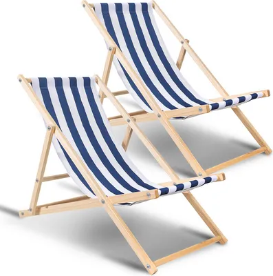 Produktbild von Liegestuhl Chair Liege Klappbar Holz mit Armauflagen Campingstuhl klappliege Blau weiß 2 Stück