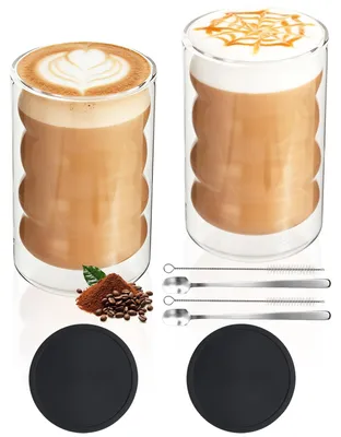 Produktbild von Latte Macchiato Gläser, doppelwandig, 350 ml - Set aus 2 - Kaffeegläser - Edelstahl-Löffel - Silikon-Untersetzer - Reinigungsbürste