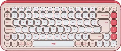 A top-down view of a rose-colored Logitech keyboard on a white background.