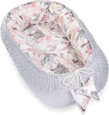 Produktbild von Warmes Nestchen Baby 90x50 cm - Kuschelnest Neugeborene Nestchen Winter / Herbst Kokon Babynest Wilde Rose Grau