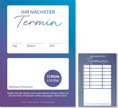 Produktbild von Frank Paperman® | 600 Terminzettel Praxis, 12 x Terminblock à 50 Blatt, blau, 1 Termine pro Zettel, für Ärzte, Heilpraktiker, Physio, Massage, Studios