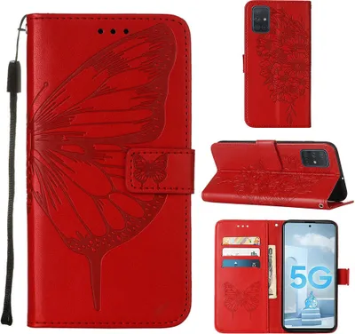 A collage of images showing a red leather phone case with a butterfly embossed design, displayed from different angles and in an open state.