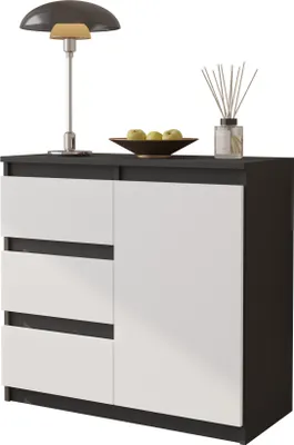A modern sideboard with three drawers and one door, presented against a white background.