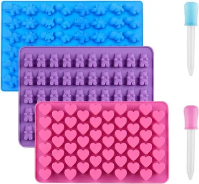 Obrázek produktu pro sada 3 mini silikonových forem na čokoládu gumový medvídek srdce dinosaurus s nepřilnavým povrchem a 2 pipetami