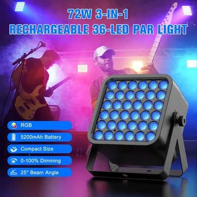 Zdjęcie produktu dla Reflektor LED PAR – reflektor z akumulatorem – 72 W RGB 3 w 1 – 36 diod LED o mocy 2 W – akumulator 5200 mAh – DMX512/RDM, aktywacja dźwiękiem – wtyczka UE, zestaw 2 szt.