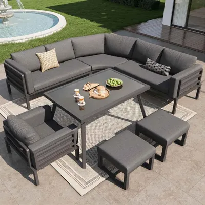 Produktbild von 8-Personen Gartenlounge-Set in Mondform, Eisenrahmen, graue Kissen, inkl. Glastisch, Sessel & 2 Hocker, wetterfest für Balkon und Terrasse.