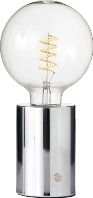 A close-up studio shot of a modern LED table lamp with a clear Edison-style bulb and a chrome base.