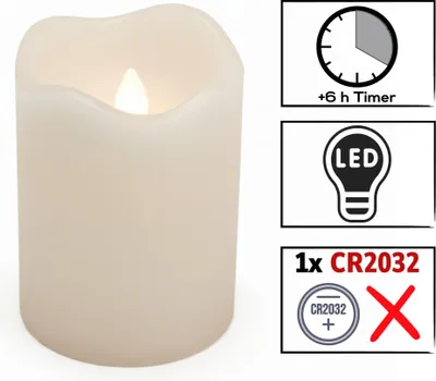 A cream-colored LED candle with a flickering flame, shown next to icons indicating timer, LED technology, and battery type.