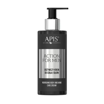 A product shot of a black pump bottle with silver accents and text labels.