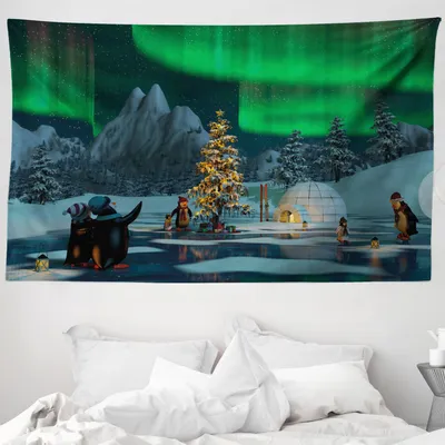 Produktbild von ABAKUHAUS Natur Wandteppich, Pinguine auf See aus Weiches Mikrofaser Stoff Waschbar ohne Verblassen Digitaldruck, 230 x 140 cm, Lindgrün Grau