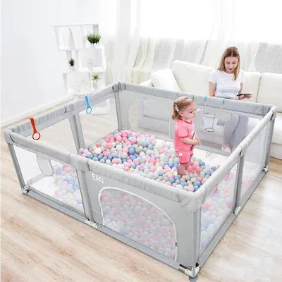 Productafbeelding van Unyqoos® Baby-speelbox – draagbare speelplaats voor baby's en peuters, geschikt voor binnen en buiten, met antislipbasis, ademend net, Oxford-stof, grijs, 180 x 150 cm