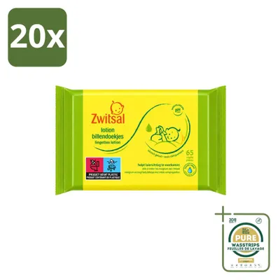 Imagen del producto de 20 paquetes de toallitas húmedas Zwitsal para bebés, formuladas para pieles sensibles, con 65 unidades por paquete. Pack de 20 unidades