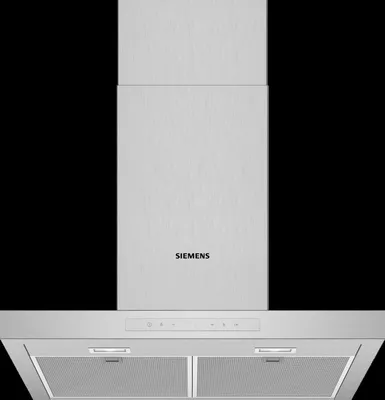 A modern stainless steel range hood against a black background.
