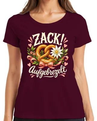 Imagen del producto de Zack! Camiseta para mujer con motivos de : pretzels, lederhosen, dirndl, "Wiesn" (término coloquial para ), diseño en color burdeos, talla XXL