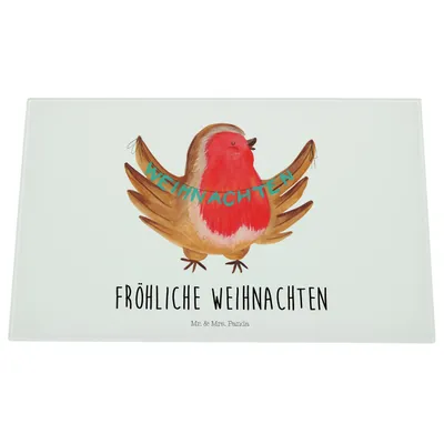 Produktbild von Mr. & Mrs. Panda Hackbrett Rotkehlchen Weihnachten - Weiß - Geschenk, Schneidebrett Glas, Weihnachtsgruß, schneidbrett, Vogel, Küchenbrett, Heiligabend, Frohe, Winter