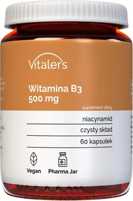 Obrázok produktu pre Vitaler's Vitamín B3 500 mg – 60 kapsúl, vegánsky, 2-mesačné doplnkové stravovanie, bez konzervačných látok, čisté zloženie